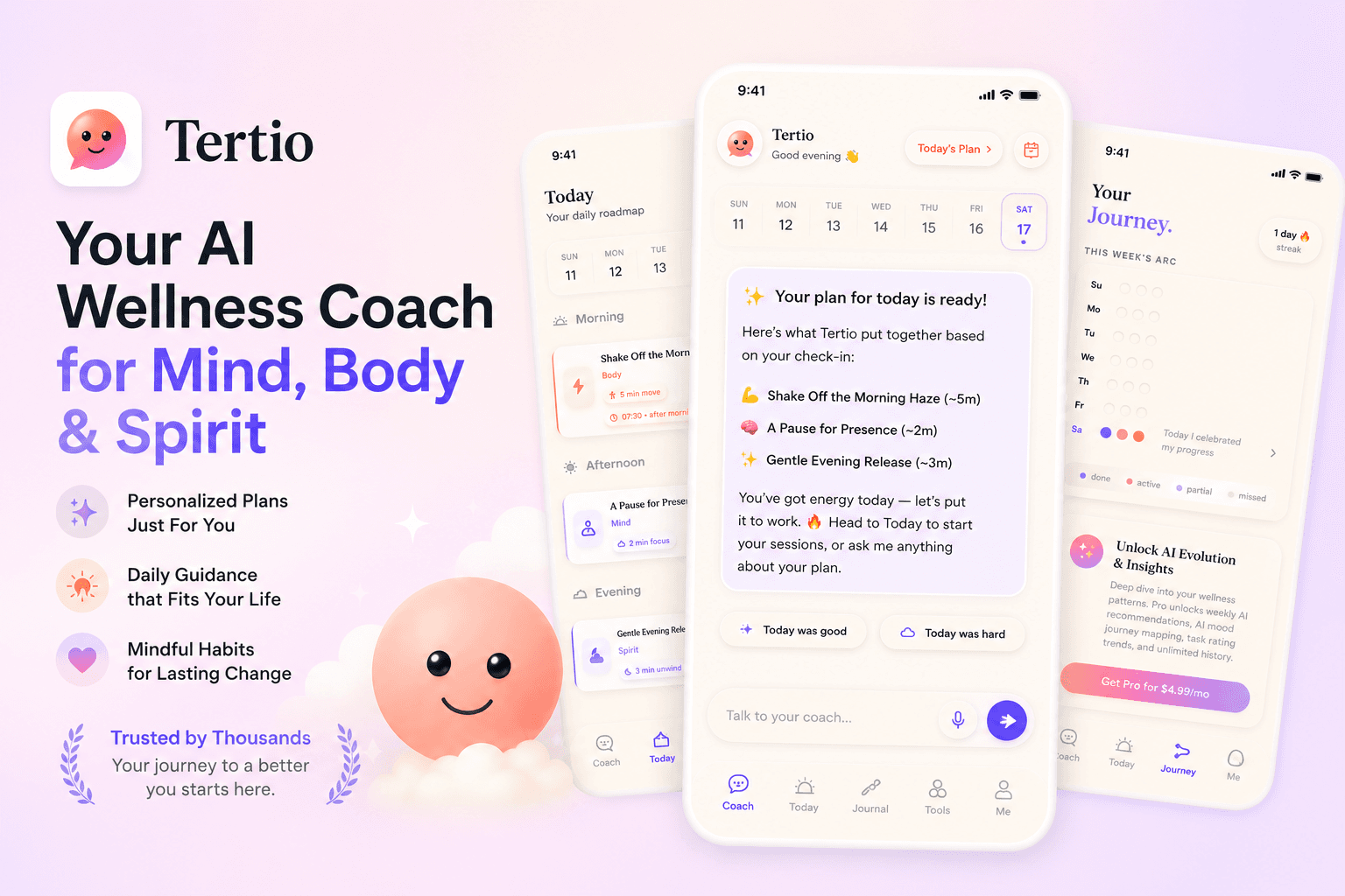 Tertio — AI wellness coach, three app screens
