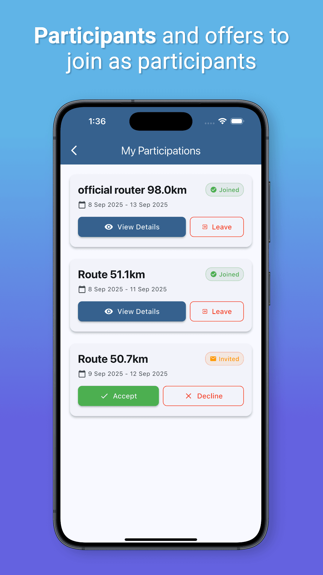 Participants — invite friends by email and manage who's joining