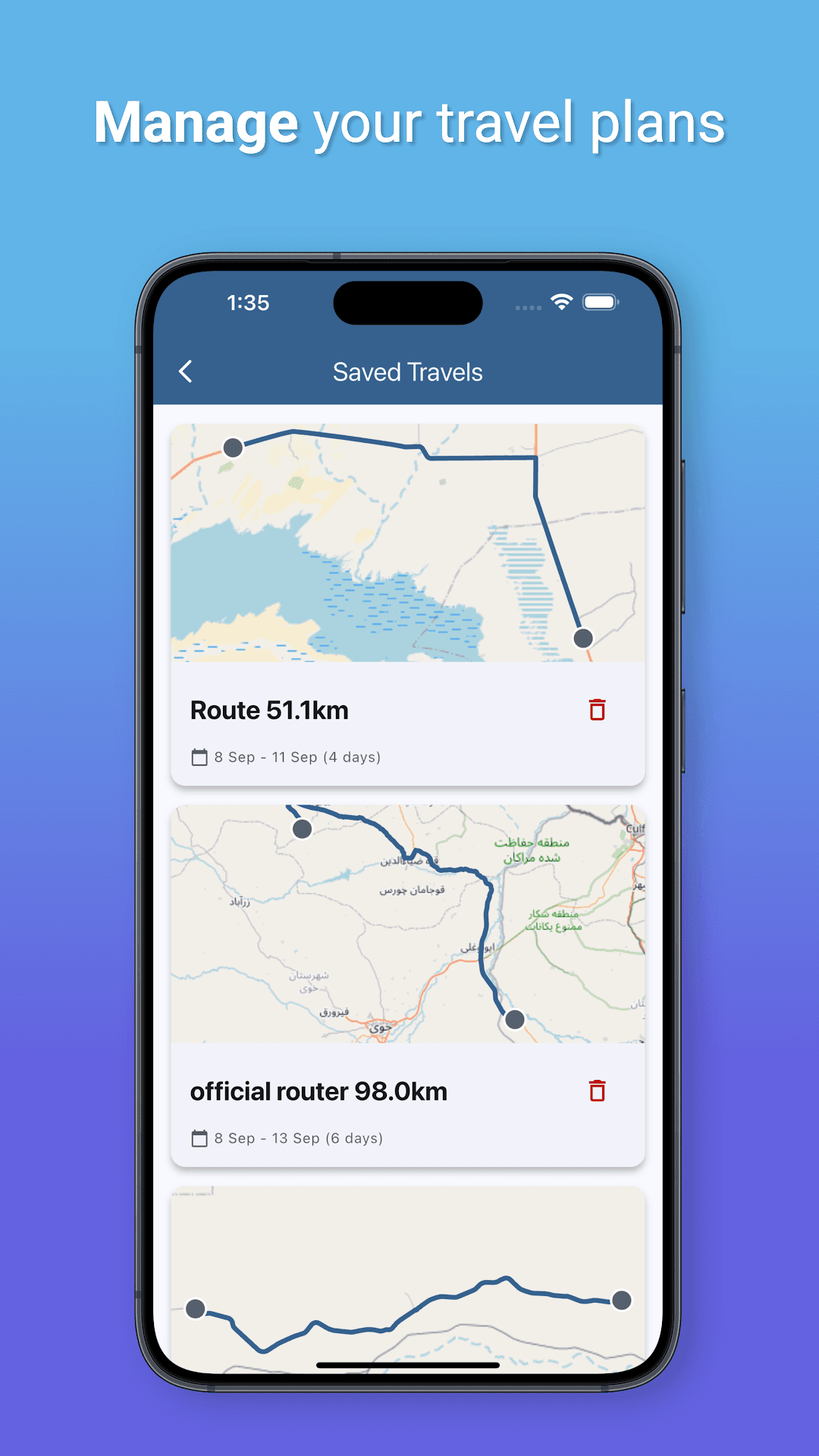 Saved travels — every generated route, organised and ready to plan